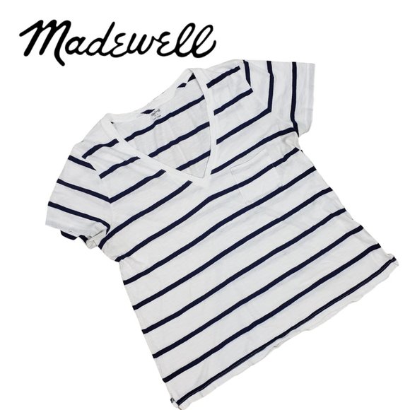 Madewell Tops - MADEWELL Whisper Cotton Blue Striped V Neck Tee L